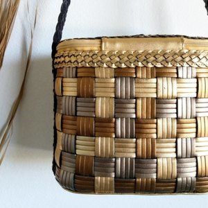 Vintage Genuine Leather Gold Metallic Woven Bucket Bag